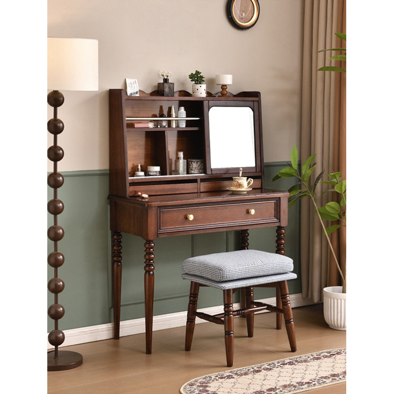 Coiffeuse de chambre à coucher en bois d'hévéa de style milieu du siècle avec miroir