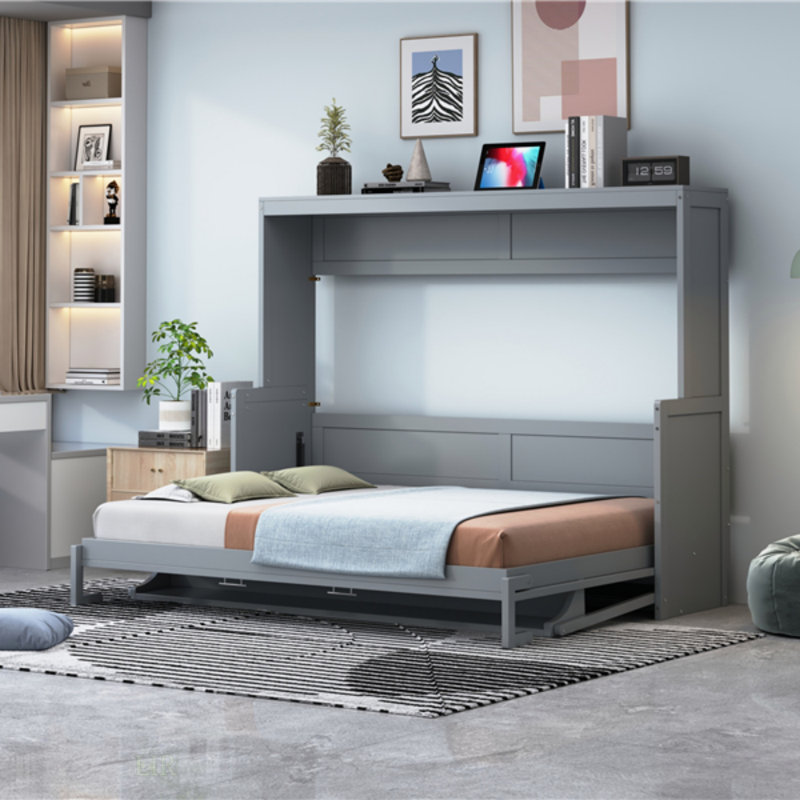 Lit escamotable avec bureau et élévateur hydraulique, modèle gris, de taille compacte, gris, Lit double