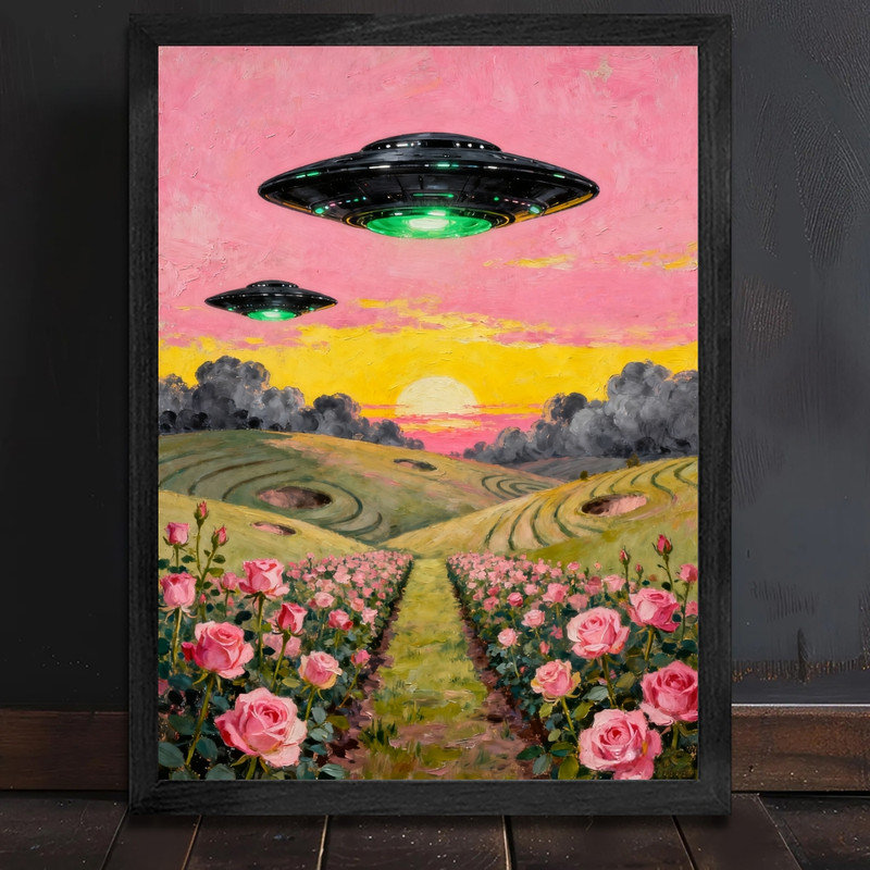 OVNI rétro et art mural noir, reproduction de paysage rétro surréel, H 11 po x l 9 po
