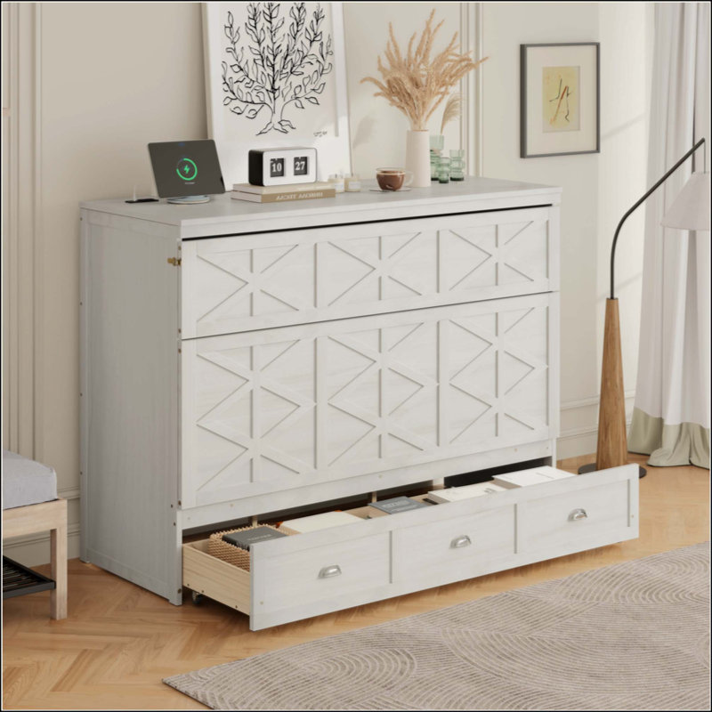 Lit escamotable avec grands tiroirs et USB, conception compacte et élégante pour la vie moderne, Blanc