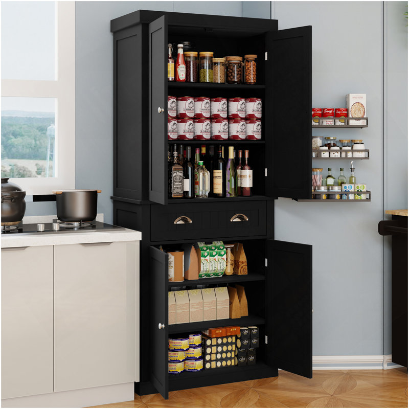 Armoire de rangement pour garde-manger de 71 po, avec 4 portes, tiroir, 2 tablettes réglables, armoire autoportante pour le salon de la salle à manger, buanderie - noir