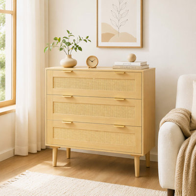 Rattan 3-Drawer Dresser, Light Wood Particle Board Chest of Drawers with Gold Metal Handles & Solid Wood Legs for Bedroom Hallway