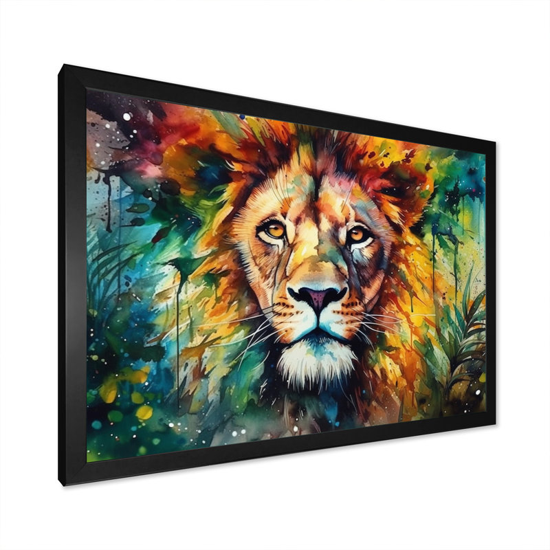 Portrait de lion coloré I - décoration murale lion, Cadre simple noir, H 12 po x l 20 po x P 1 po