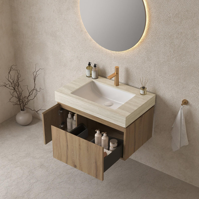 Meuble-lavabo mural simple 30 po avec lavabo, 30", Chêne blanc, Beige
