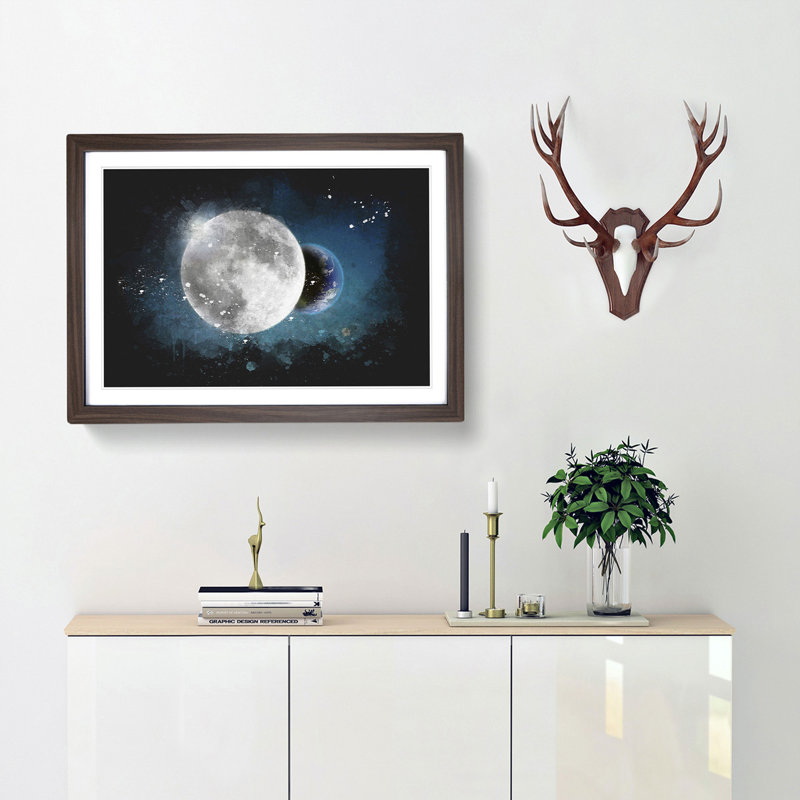 Earth Behind The Moon Paint Splash - Picture Frame Graphic Art, Walnut Framed, 33cm H x 45cm W x 2cm D