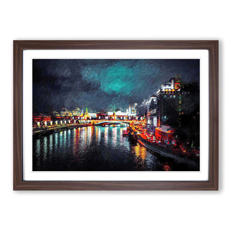 Moscow at Night - Picture Frame Painting Print, 27cm H x 36cm W x 2cm D, Walnut Framed