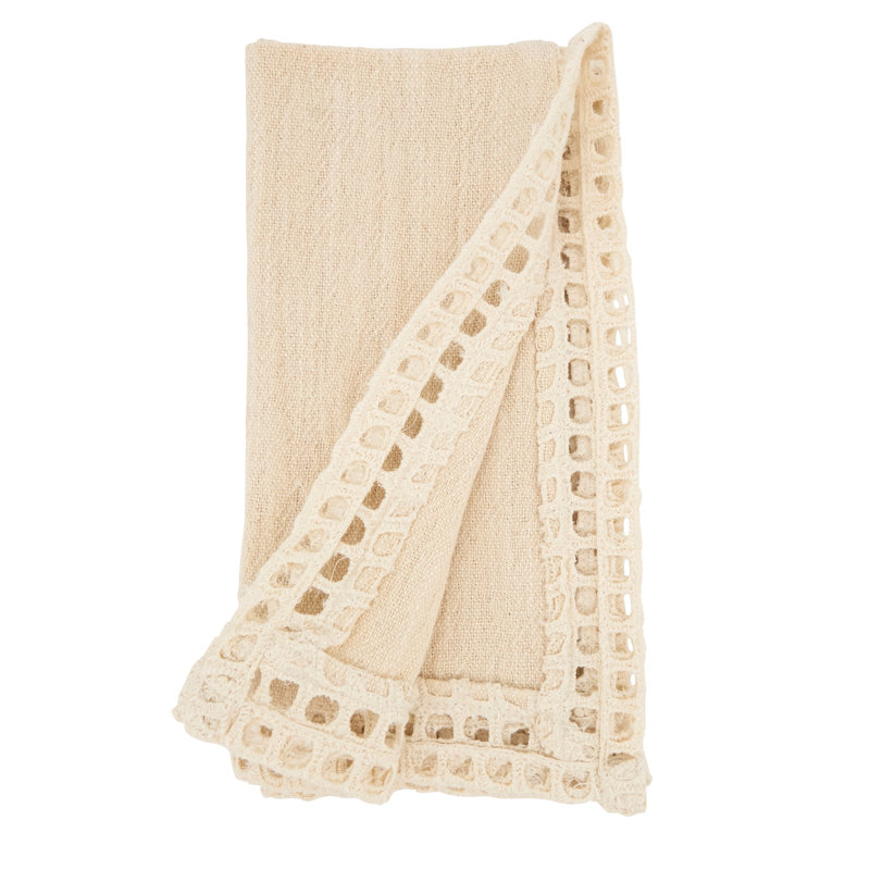 Off-White Cotton Table Napkins with Netted Trim, Set of 4