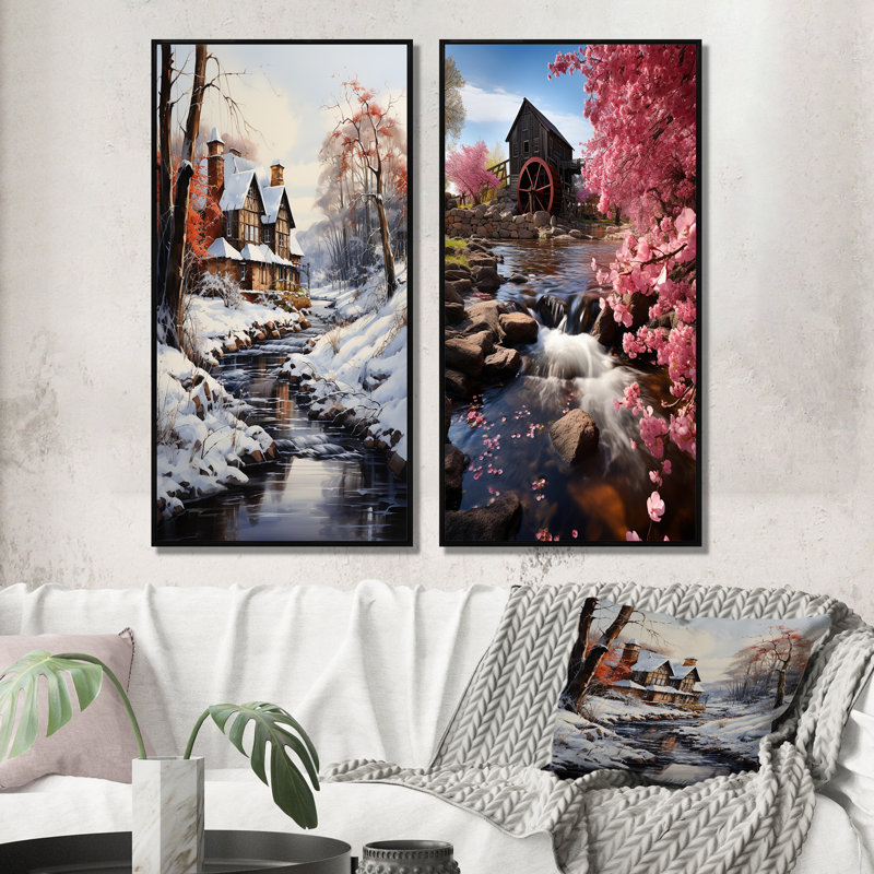 Blanc blanc brun en hiver "Blanc brun en hiver" 2 pièces, Cadre noir, H 40 po x l 40 po
