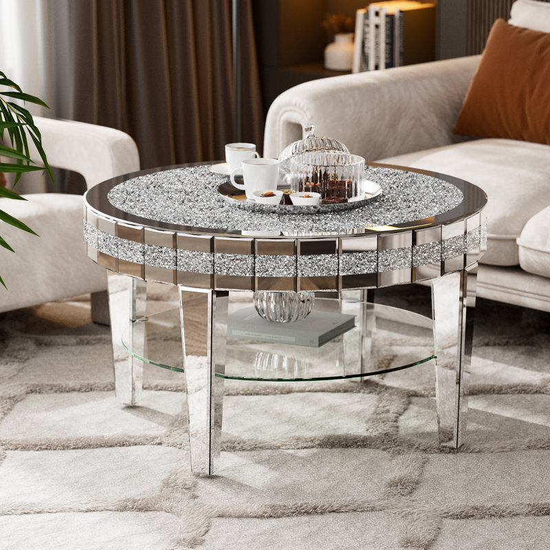 Table basse ronde avec 2 niveaux, table basse en miroir pour le salon