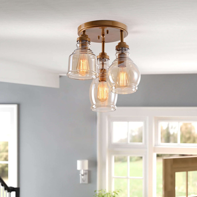 Plafonnier encastré 3 lumières avec abat-jour en verre cognac Mariana - Laiton brossé