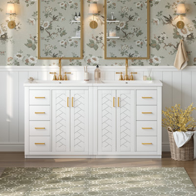 Meuble-lavabo blanc 60 po avec lavabo en céramique Roomfitter, armoire autoportante en bois massif avec tiroirs et portes à fermeture en douceur
