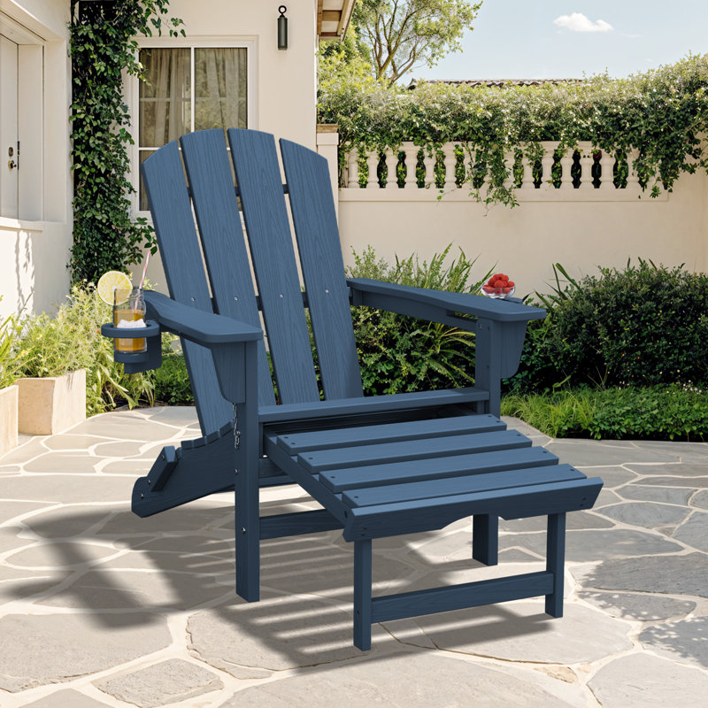 Outdoor HDPE Folding and Rocking Adirondack Chair With Double Cup Holder and Ottoam , Navy
