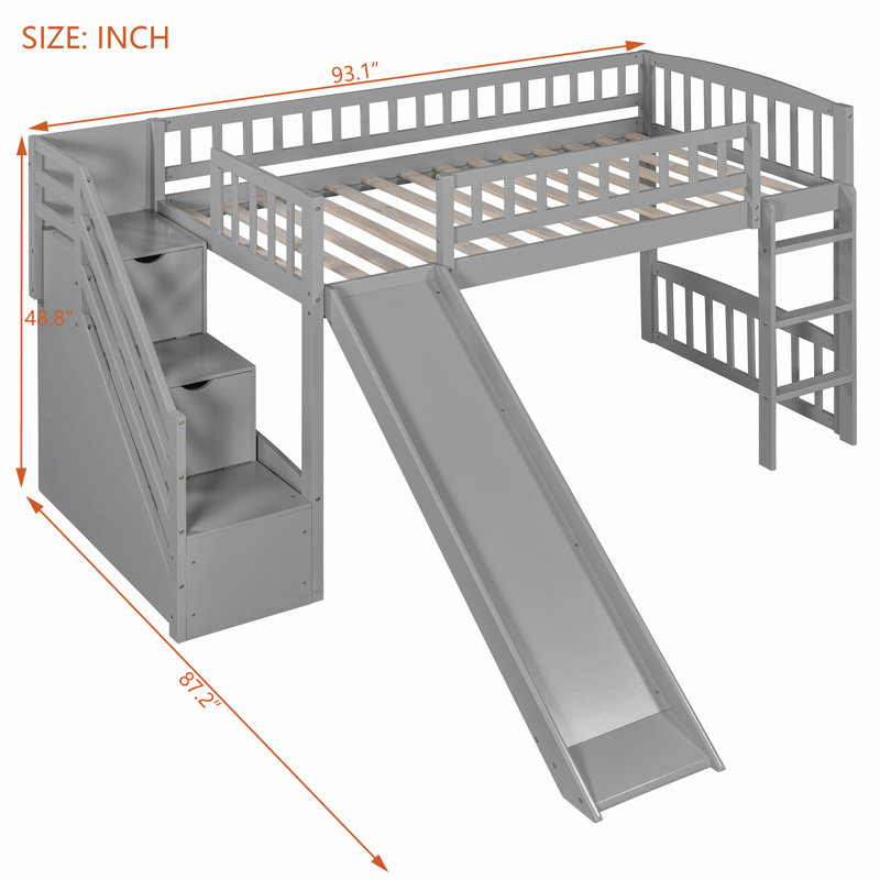 Lit mezzanine avec glissoire et deux tiroirs, Gris