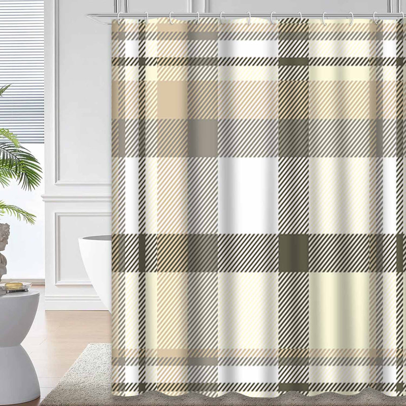 Rideau de douche sans couture à carreaux beige, brun clair, taupe et blanc avec 12 crochets, 72" L x 72" W