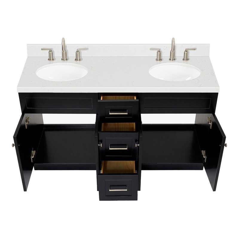 Abell 60.25'' Bathroom Vanity with Carrara Quartz Top, Brushed Nickel, Black
