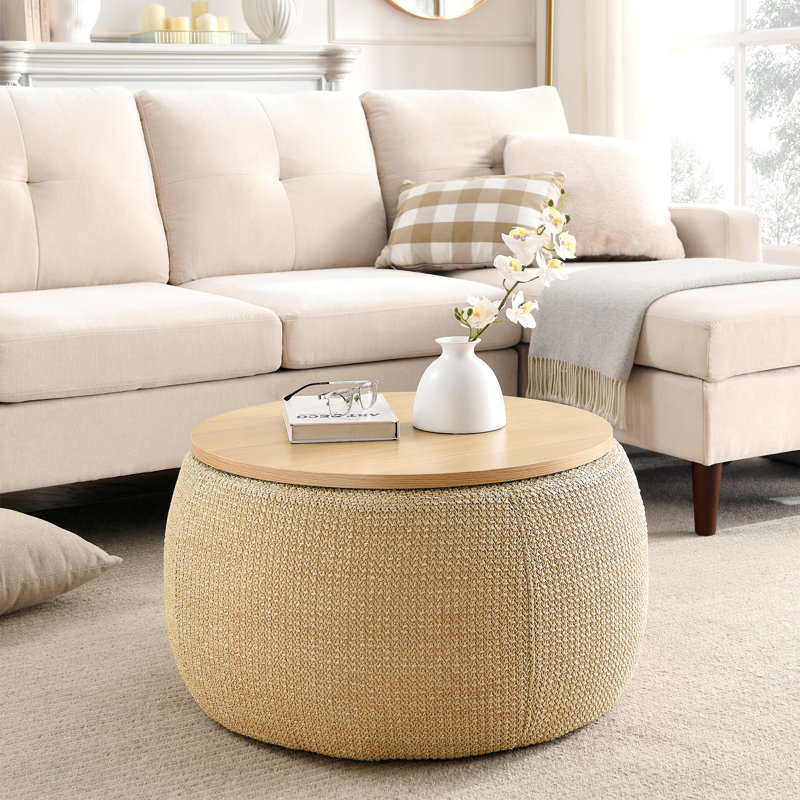 Round Storage Ottoman, 2 In 1 Function, Work As End Table And Ottoman, End Table