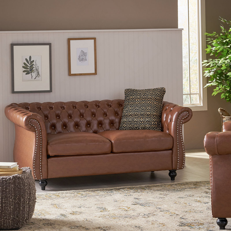Causeuse à bras roulés Pasillas, H 27,75 po x l 61,75 po x P 33,75, Similicuir brun cognac