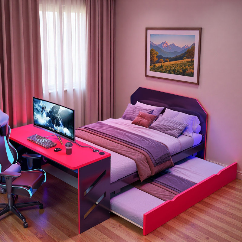 Wood Daybed With Trundle, Desk And Usb Port, Red