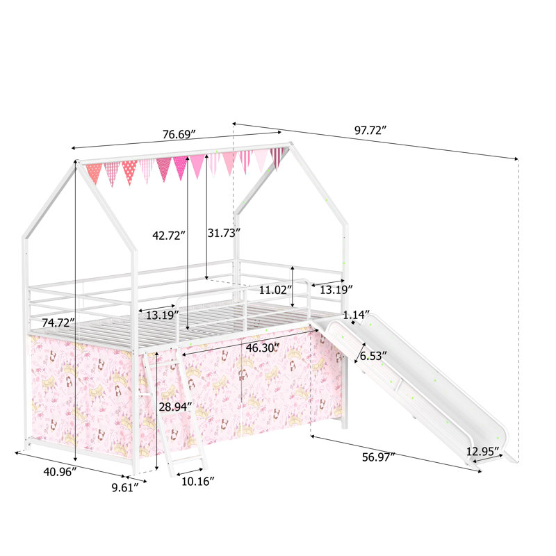 Lit mezzanine simple avec glissoire, ensemble de rideaux et drapeaux décoratifs, métal, blanc et rose