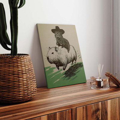 Funny Cowboy Cat Canvas Wall Art Quirky Cat Riding Capybara Adventure Wall Decor Pictures Funny Animal Poster Prints Artwork Decoration