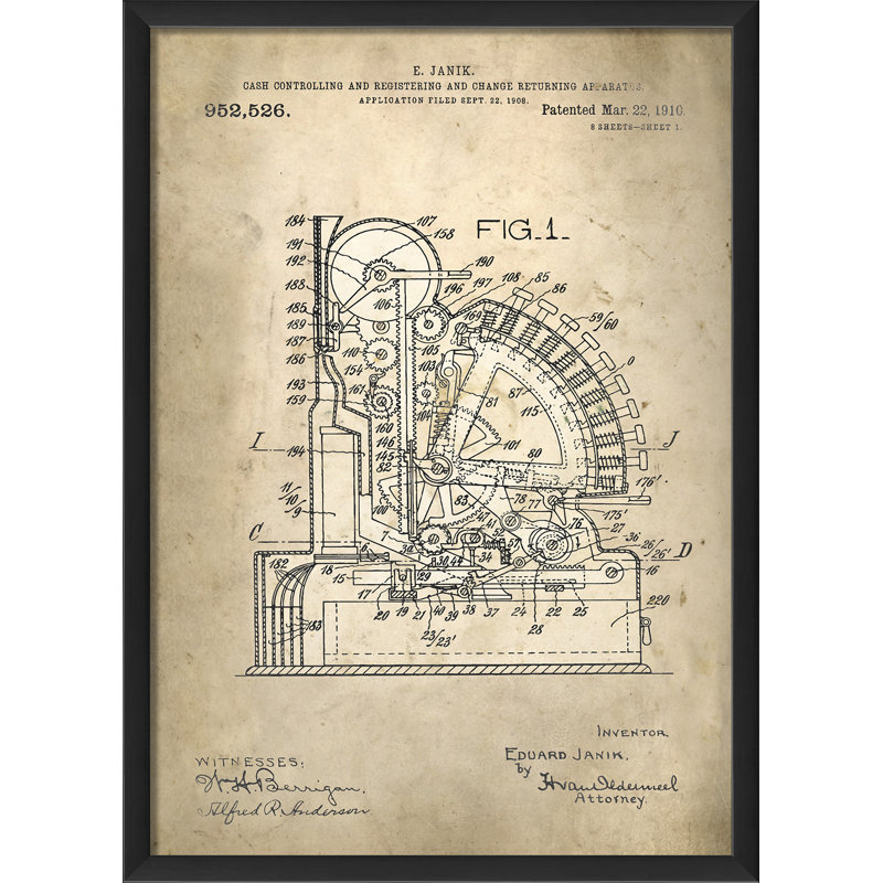 « janik cash register brevet », impression encadrée, Blanc