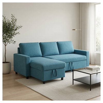 Canapé-lit moderne convertible en forme de L avec méridienne de rangement, revêtement en flanelle bleu cyan, canapé d'angle convertible réversible pour salon