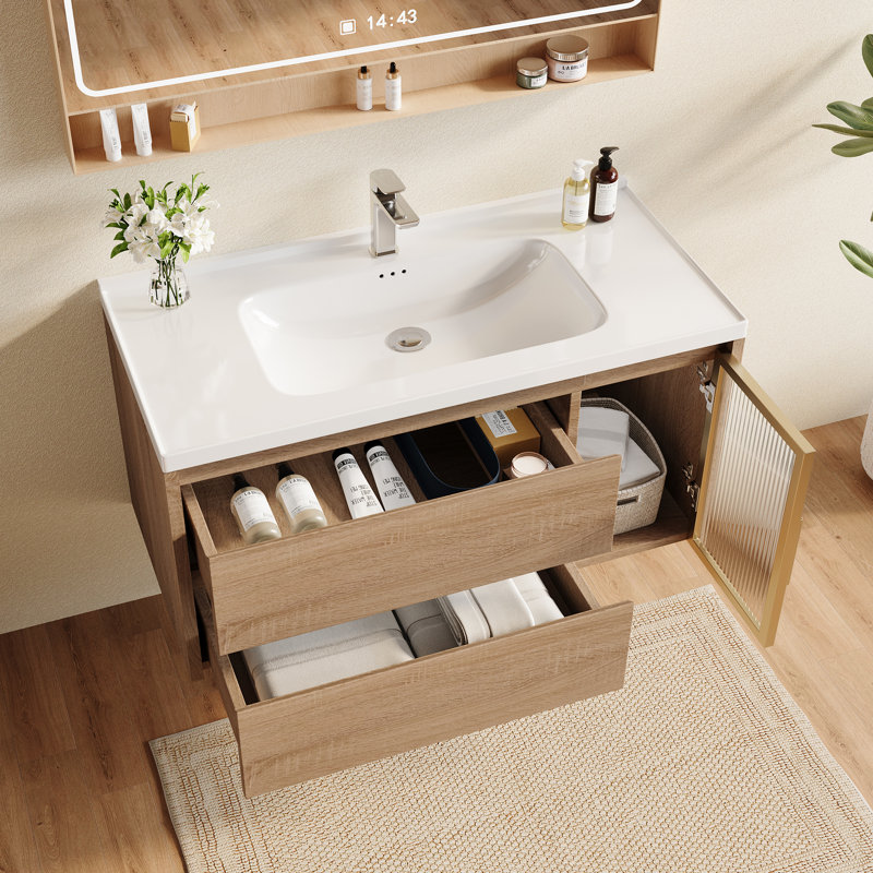 Latrey 36'' Single Bathroom Vanity with Ceramic Sink, Natural Wood Cabinets with 2 Drawers