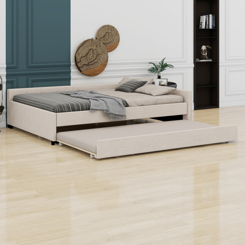 Lit plateforme tapissier avec port USB et gigogne, Lit double
