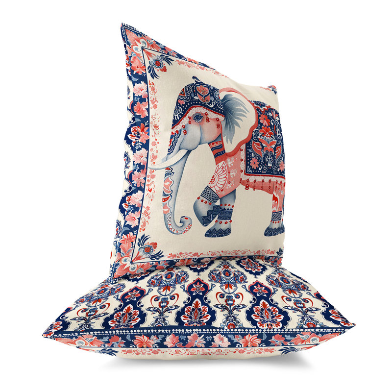 Coussin intérieur / extérieur Elephant Garden, H 16 po x l 16 po, Bleu/rouge