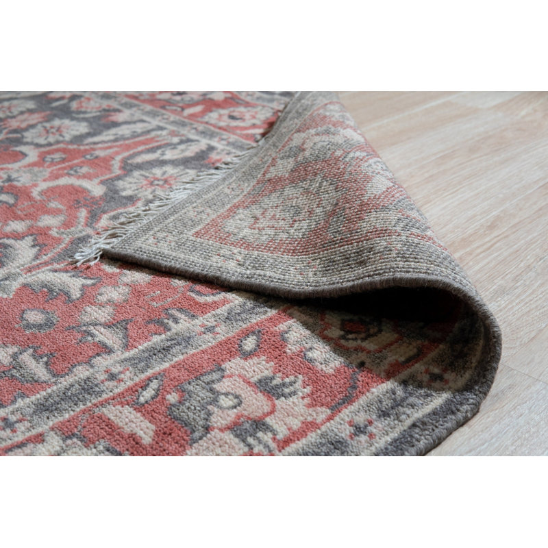 Coral Hand-Knotted Wool Floral Symmetry Geometric Modern Contemporary Carpet Rug, 8' x 10'