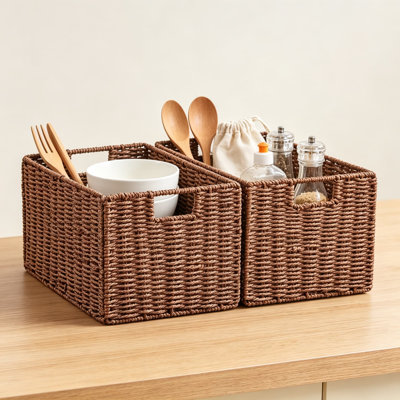 Ensemble de 2 paniers de rangement en osier de corde de papier tissé à la main, bacs de rangement pliables pour tablettes, papier hygiénique et rangement pour salle de bain