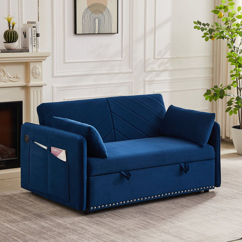 Araluen 55'' Velvet Convertible Sofa, Blue Velvet