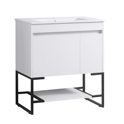 Meuble-lavabo de salle de bain avec lavabo, 1 porte à fermeture en douceur, tiroirs à fermeture en douceur et 1 tablette inférieure ouverte