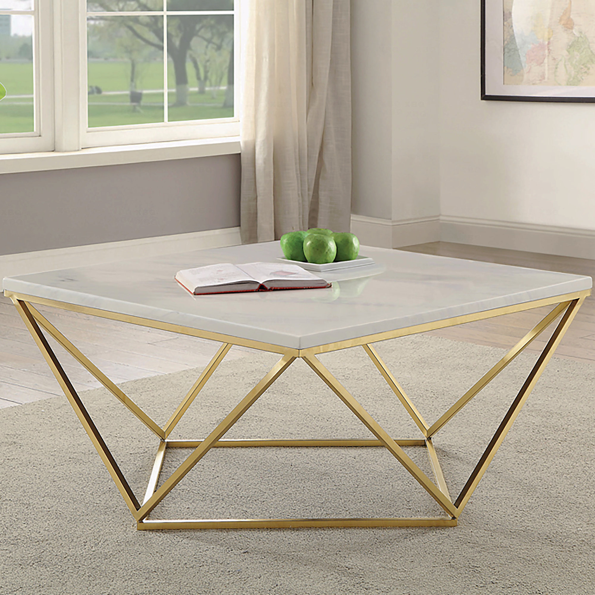 Mercer41 White Coffee Table With Metal Legs And Gold Accents | Wayfair
