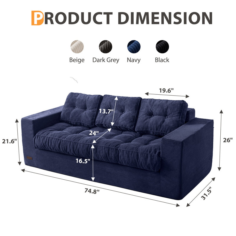 Boneless 3 Seater Beige Couch For Living Room Boneless Couch With Tufted Cushion And Backrest Upholstered Floor Sofa
