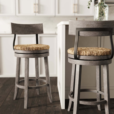 Tabouret de bar en bois avec assise en ruppie maritime naturelle, gris récupéré