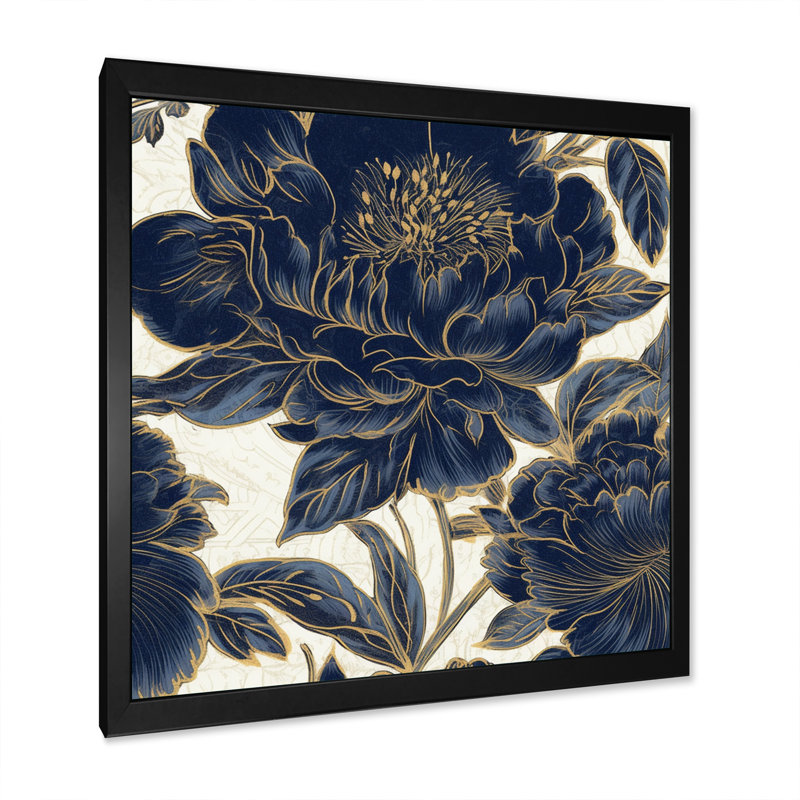 Blue Gold Peony Celebration VI, reproduction d'art sur toile, Cadre photo noir, H 16 po x l 16 po x P 1 po