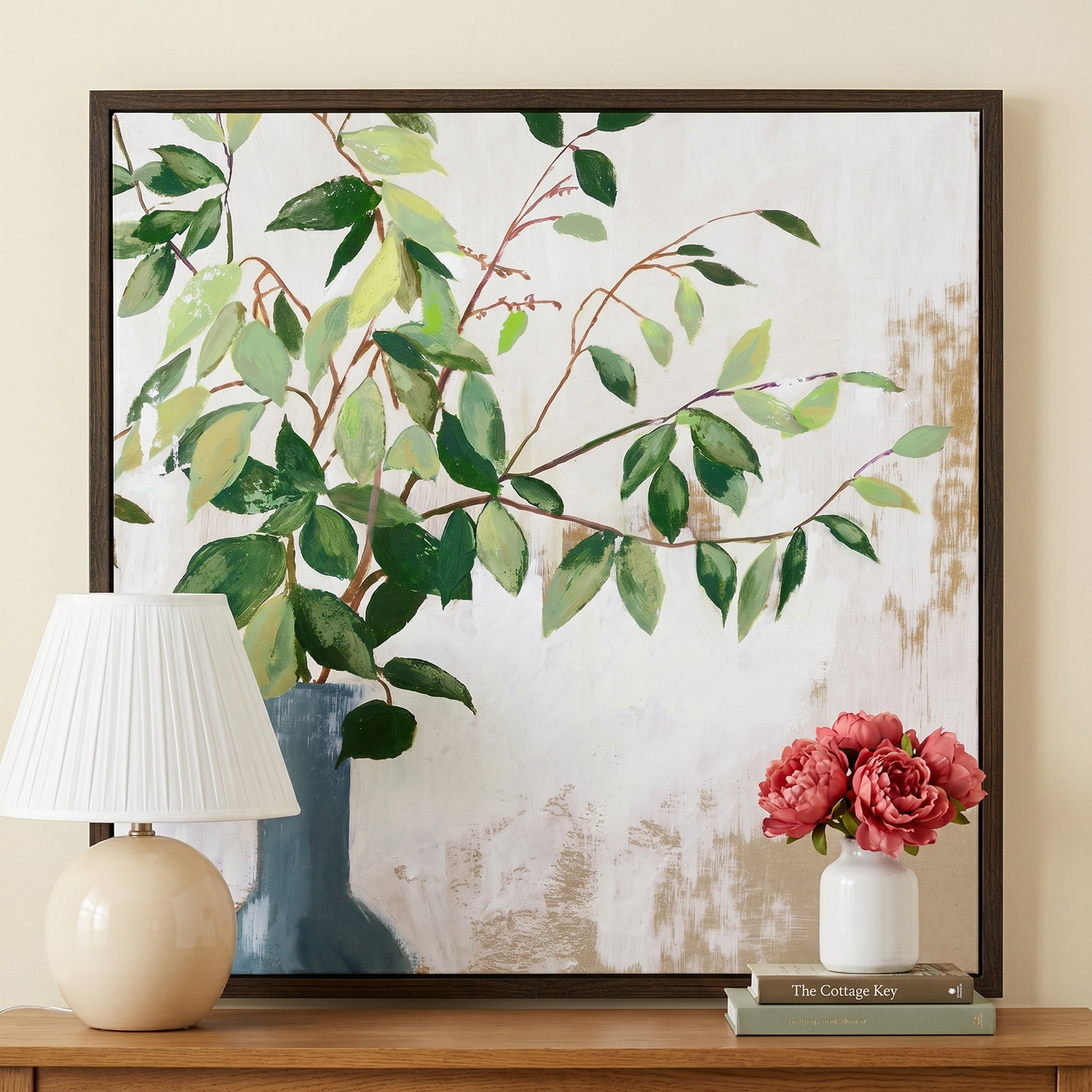 Green Fall Leaves by Asia Jensen - Picture Frame Painting, 32" H x 32" W x 0.75" D, Walnut Framed