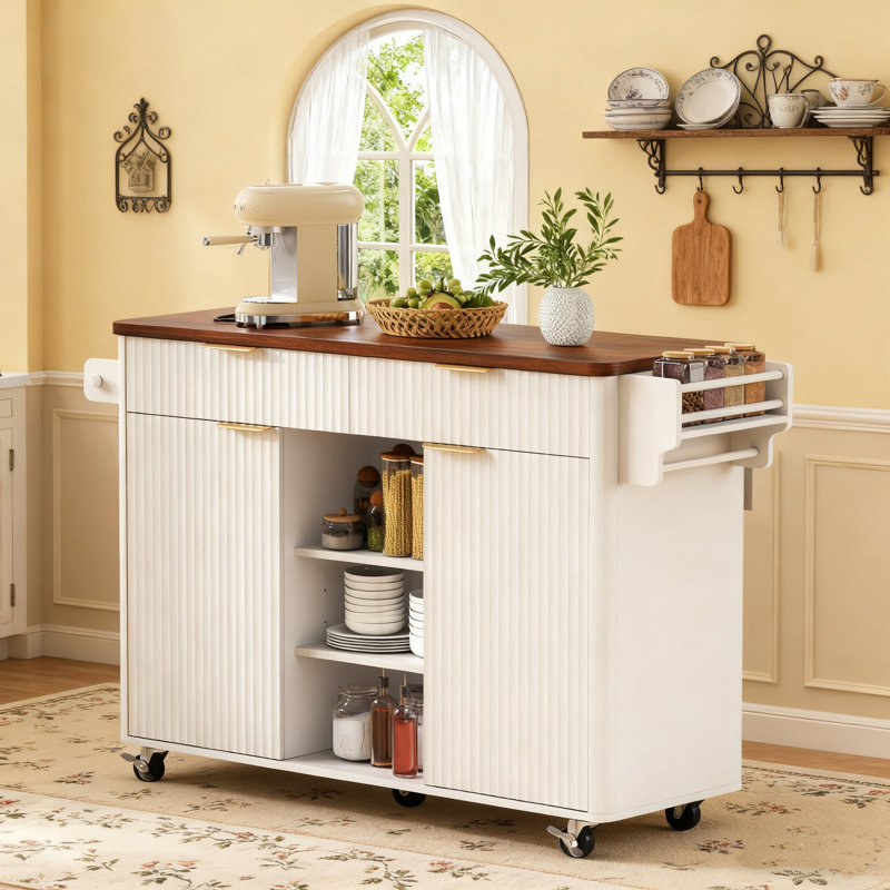 Îlot de cuisine 52 po cannelé sur roulettes avec abattant, armoire de cuisine, Blanc / bois manufacturé