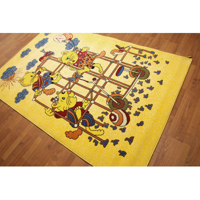 Tapis jaune moutarde en laine noué à la main de conception unique 5 pi x 7 pi Winkler