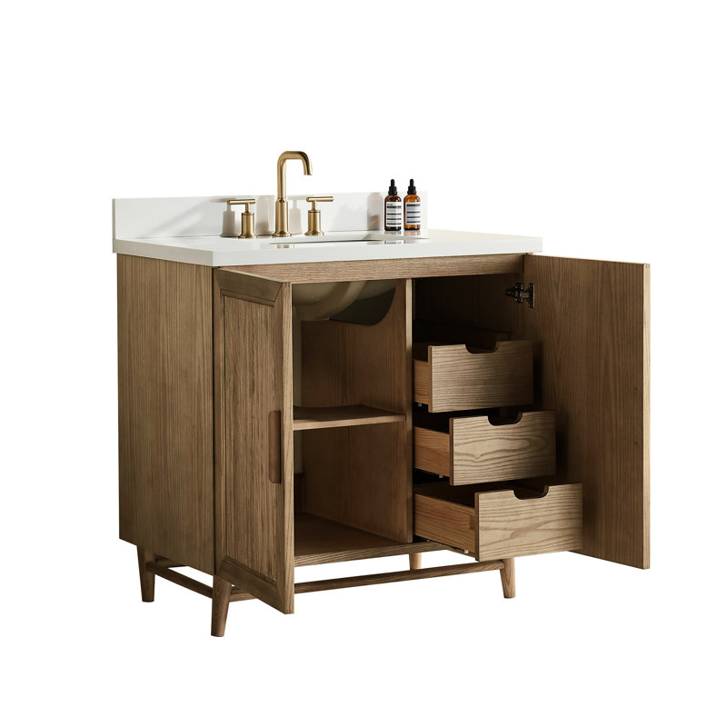 Meuble-lavabo sur pied de 91 cm (36 po) avec lavabo simple, structure en bois massif, comptoir blanc composite, armoire assemblée en usine, dosseret de comptoir, vasque carrée et quincaillerie à fermeture amortie.