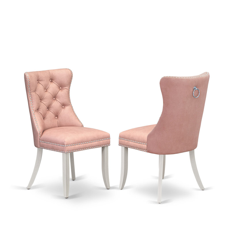 Dallas Parson Kitchen Chairs - Button Tufted Nailhead Trim Beige Red Polyester Fabric Upholstered Dining Chairs, Set of 2, Wirebrushed Bright Linen white