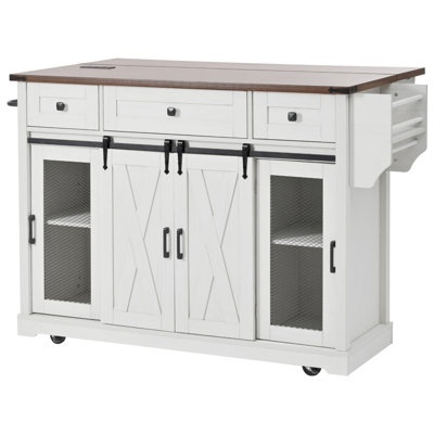 58" Farmhouse Kitchen Island With Storage, Sliding Barn Door & Metal Grid Side Door, Rolling Kitchen Island On 5 Wheels With Spice Rack, Glass Holders,Island Table With Drop Leaf For Kitchen