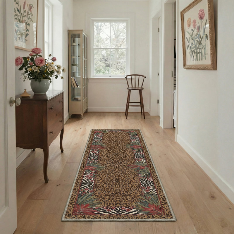 Alissa Aura Animal Print Floral Machine Washable Brown / Black / Green / Red Indoor Area Rug with Non-Slip Backing