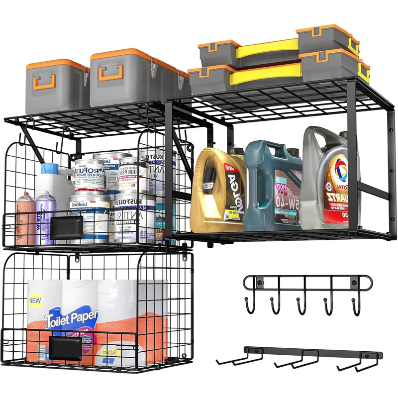 Wall Mounted Garage Shelf With Wire Basket