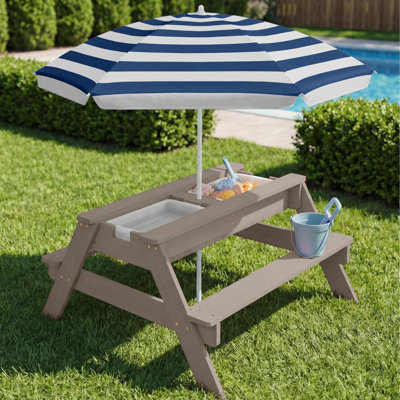 Table de pique-nique pour enfants avec parasol, table de sable et d'eau 3-en-1, table de pique-nique d'extérieur convertible pour tout-petits, 4 sièges, plateau amovible, 2 seaux