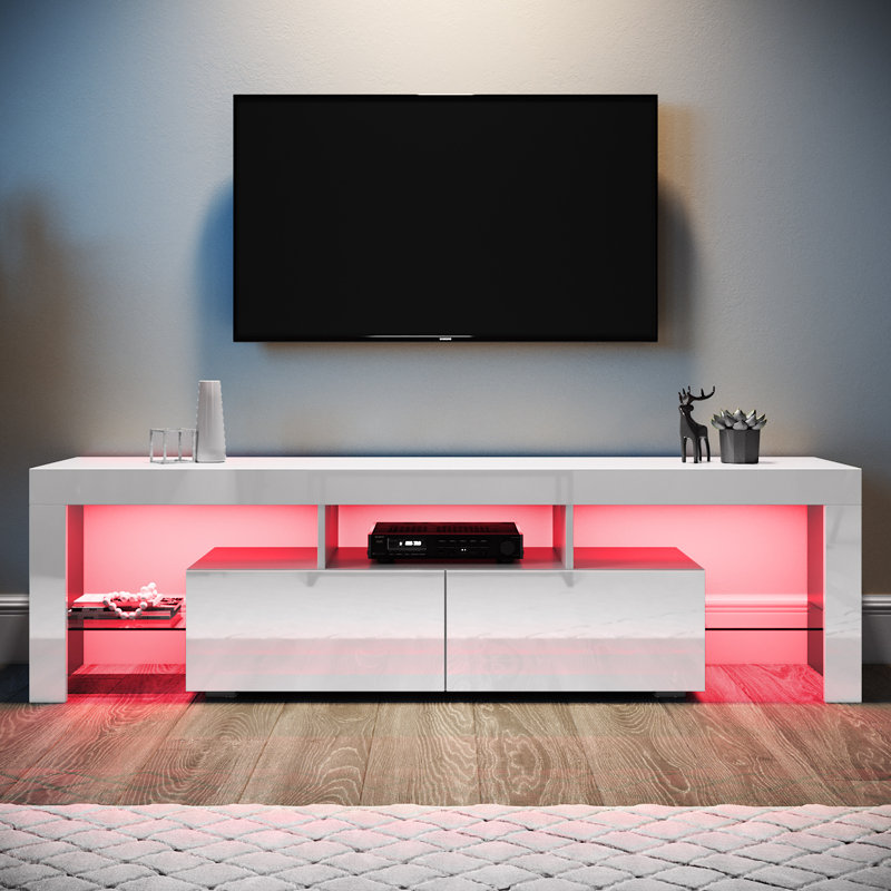 Birchfield 160Lx35Wx45H cm High Gloss TV Stand/TV Cabinet, 2 Drawers 3 Storage, RGB Remote, 16W, Fits 65" TVs   , White