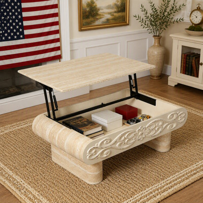 Table basse à plateau relevable, bureau moderne en bois avec rangement caché
