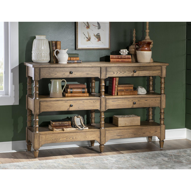 Console de rangement à pieds tournés rétro Country Country (4 tiroirs, 2 tablettes ouvertes), Brun