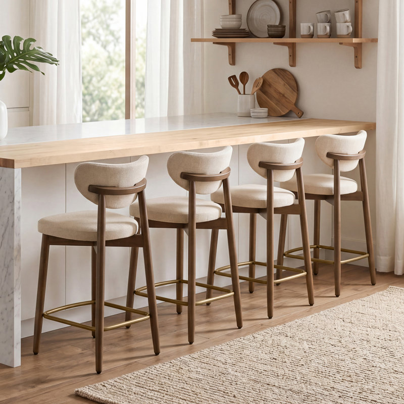 Upholstered Counter Stool Solid Wood Bar Stool (Set Of 4), White